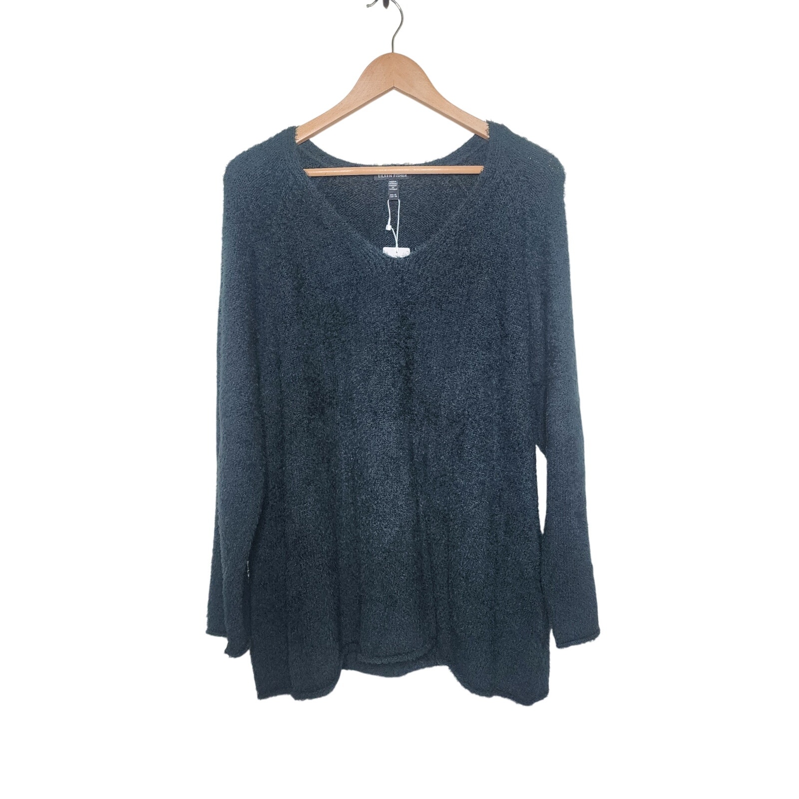 Eileen Fisher Green V Neck Long Sleeve Fuzzy Sweater Women's Size Xl